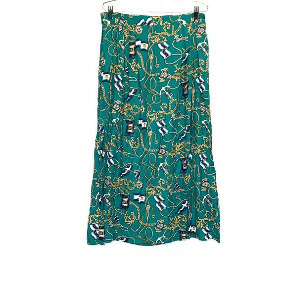 vintage Portraits by Northern Isles a line skirt size 12 green gold chain print - Picture 2 of 9